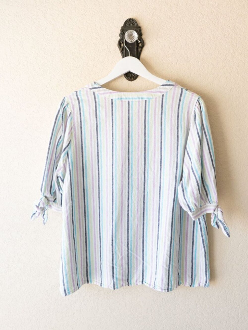 Kim Rogers Linen Blend Top XL Pastel Stripe Tie Sleeve Popover Blouse Coastal - Picture 10 of 14